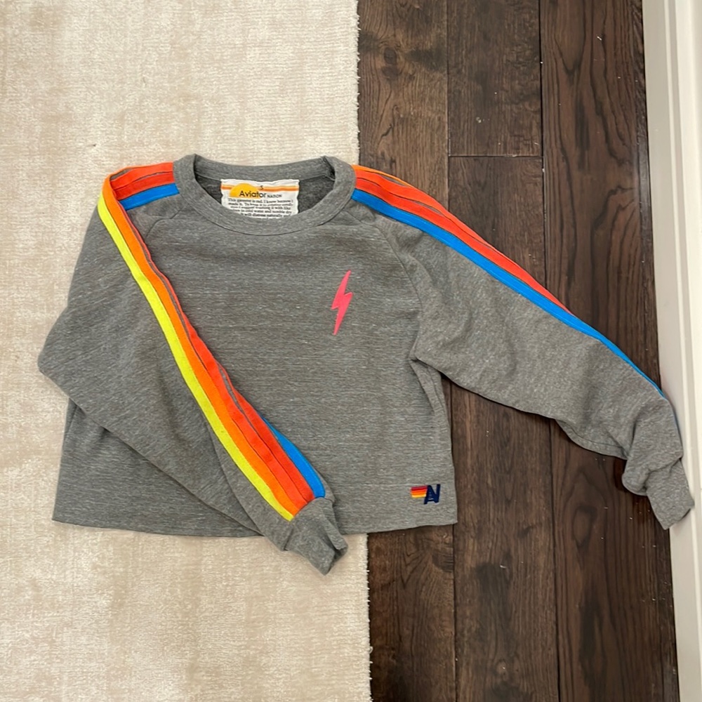 Aviator Nation Bolt Cropped Classic Sweatshirt in Heather Grey & Neon Rainbow